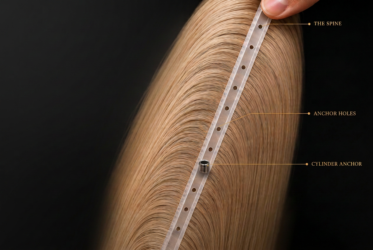 Endless Butterfly Weft™ anatomy — medical-grade silicone spine, anchor holes, and cylinder anchor system by Hair N' Bloom Extensions & Co.